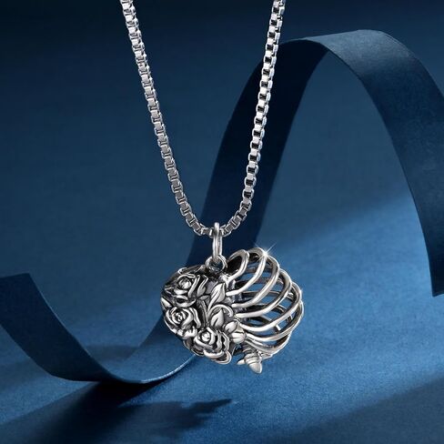 Heart Shape Rose Rib Cage Urn Necklaces for Ashes 925 Sterling Silver-Gothic Cremation Jewelry Memorial Gifts for Women in Kuwait