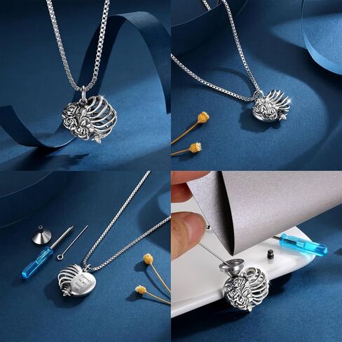 Heart Shape Rose Rib Cage Urn Necklaces for Ashes 925 Sterling Silver-Gothic Cremation Jewelry Memorial Gifts for Women in Kuwait