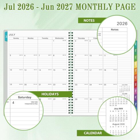مخطط أكاديمي 2026-2027 - مخطط 2026-2027، يوليو 2026 - يونيو 2027، 8 × 10 بوصة، 26-27 مخطط أسبوعي وشهري مع علامات تبويب ملونة، ربط بسلك مزدوج، جيب داخلي - أخضر in Kuwait