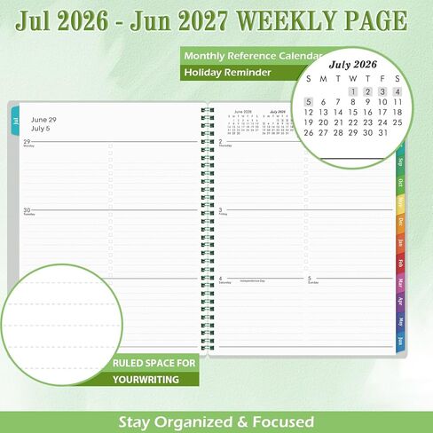 مخطط أكاديمي 2026-2027 - مخطط 2026-2027، يوليو 2026 - يونيو 2027، 8 × 10 بوصة، 26-27 مخطط أسبوعي وشهري مع علامات تبويب ملونة، ربط بسلك مزدوج، جيب داخلي - أخضر in Kuwait