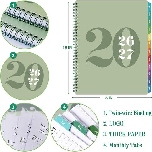 مخطط أكاديمي 2026-2027 - مخطط 2026-2027، يوليو 2026 - يونيو 2027، 8 × 10 بوصة، 26-27 مخطط أسبوعي وشهري مع علامات تبويب ملونة، ربط بسلك مزدوج، جيب داخلي - أخضر in Kuwait