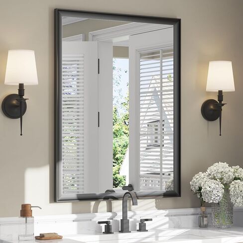 ushower 2 حزمة مرايا الحمام السوداء لأكثر من بالوعة 24x36 بوصة، الألومنيوم مؤطرة مرآة الغرور مستطيلة للجدار، غرفة نوم، غرفة المعيشة، مدخل، مكافحة الصدأ، الزجاج المقسى HD، أفقي / عمودي in Kuwait