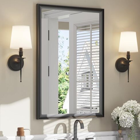 ushower 2 حزمة مرايا الحمام السوداء لأكثر من بالوعة 24x36 بوصة، الألومنيوم مؤطرة مرآة الغرور مستطيلة للجدار، غرفة نوم، غرفة المعيشة، مدخل، مكافحة الصدأ، الزجاج المقسى HD، أفقي / عمودي in Kuwait