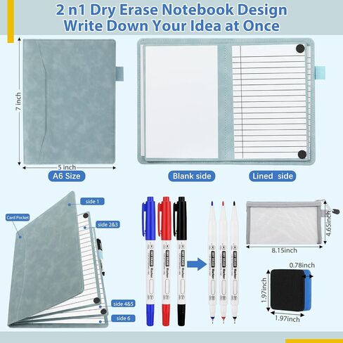 6 Sides Dry Erase Notebook Portable Whiteboards Notebook Small Reusable College Ruled Lined Board Folding Mini Travel Dry Erase White Board for Office Study(Haze Blue,A6: 5 x 7 Inches) in Saudi Arabia