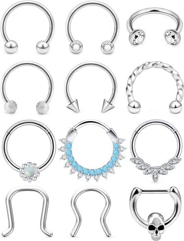 Vsnnsns 16G Septum Jewelry Septum Ring Piercing Jewelry Opal Septum Clicker Ring and Horseshoe Barbell Stainless Steel Septum Nose Rings Hoop Piercing Jewelry for Men Women 10mm 12pcs in Kuwait