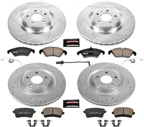 Power Stop K6155 Front and Rear Z23 Carbon Fiber Brake Pads with Drilled & Slotted Brake Rotors Kit and 1 Front Sensor Wire For Audi S4 2011, Audi S5 2011 [Model Specific] in Saudi Arabia