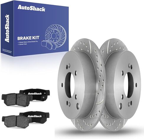 دوارات الفرامل الخلفية الصلبة المحفورة والمشقوقة من AutoShack + دوارات الفرامل المطلية بالزنك الفضي + وسادات سيراميك 6 قطع بديلة لمجموعة الفرامل لـ 2005-2010 Kia Sportage 2005-2009 Hyundai Tucson SilverShield Pro 11.18 بوصة (284 مم) in Kuwait