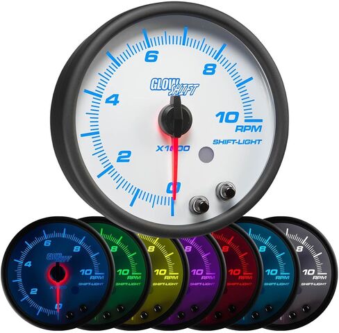 GlowShift White 7 Color 10,000 RPM Tachometer Gauge - for 1-10 Cylinder Gas Powered Engines - Built-in Shift Light - Mounts in Custom Dashboard - White Dial - Clear Lens - 3-3/4" 95mm in Saudi Arabia