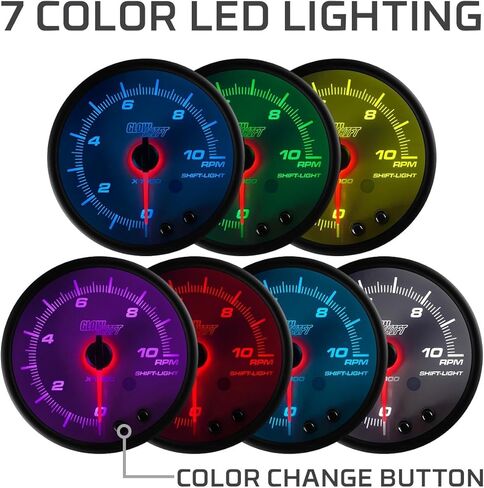 GlowShift White 7 Color 10,000 RPM Tachometer Gauge - for 1-10 Cylinder Gas Powered Engines - Built-in Shift Light - Mounts in Custom Dashboard - White Dial - Clear Lens - 3-3/4" 95mm in Saudi Arabia