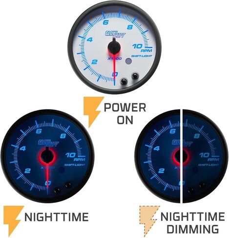 GlowShift White 7 Color 10,000 RPM Tachometer Gauge - for 1-10 Cylinder Gas Powered Engines - Built-in Shift Light - Mounts in Custom Dashboard - White Dial - Clear Lens - 3-3/4" 95mm in Saudi Arabia