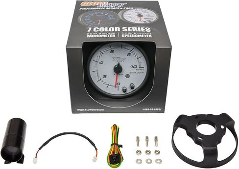 GlowShift White 7 Color 10,000 RPM Tachometer Gauge - for 1-10 Cylinder Gas Powered Engines - Built-in Shift Light - Mounts in Custom Dashboard - White Dial - Clear Lens - 3-3/4" 95mm in Saudi Arabia