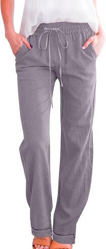 Women Linen Pants Elastic Waist Palazzo Summer Flowy Drawstring Trousers with Pockets Beach Travel Clothes in Kuwait