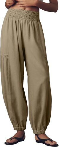 UANEO Womens Baggy Pants Pull On Cotton Linen Smocked Elastic Waist Tapered Relaxed Harem Trousers with Pockets in Kuwait