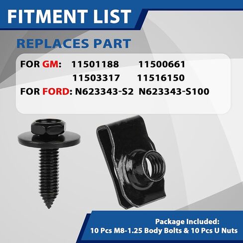 10Pcs M8-1.25 Extruded U Nuts Body Bolts Screw Kit Compatible for Buick Chrysler Cadillac GM Ford Chevy - Fender Bumper Radiator Hood Shield Panel 11500661 11503317 N623343-S2 11516150 in Saudi Arabia