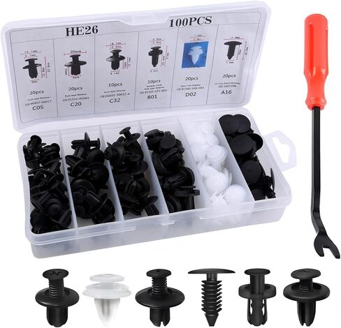 100 PCS Car Bumper Bolt Fastener Set, Plastic Push Rivets, Automotive Body Trim Fixed Clip with Removal Tool, Universal Fastening Screw Replacement Kit (Black & White) in Kuwait