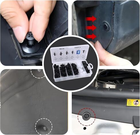 100 PCS Car Bumper Bolt Fastener Set, Plastic Push Rivets, Automotive Body Trim Fixed Clip with Removal Tool, Universal Fastening Screw Replacement Kit (Black & White) in Kuwait