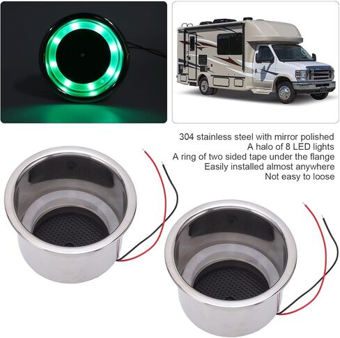 2Pcs DC 12V LED Cup Holder Rustproof 304 Stainless Steel LED Drink Holder with Draining Hole for Marine Boat Car (Green LED) in Saudi Arabia