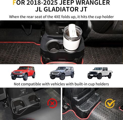 إدراج حامل الكأس الخلفي متوافق مع جيب رانجلر JL 4XE Gladiator JT 2018-2025 المقعد الخلفي المزدوج حامل المشروبات وحدة التحكم الأرضية حاملات زجاجات المشروبات مع صينية منظمة، وسادة غير قابلة للانزلاق in Saudi Arabia