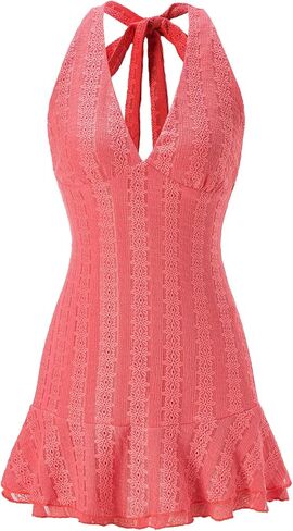 Women's Ruffle Halter Mini Dress Summer Tie Backless Deep V Neck A Line Dresses Beach Vacation Clothes in Saudi Arabia