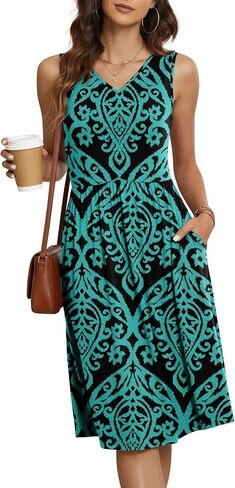 NILOUFO Women’s Summer V Neck Sleeveless Empire Waist Knee Length Dresses with Pockets,Flowy Casual Travel Sundress in Saudi Arabia