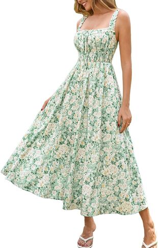 XinFSh Women's Summer Floral Boho Beach Wedding Guest Midi Dress Flowy A Line Lace Up Vacation Long Sundress with Pockets in Saudi Arabia