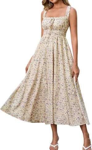 XinFSh Women's Summer Floral Boho Beach Wedding Guest Midi Dress Flowy A Line Lace Up Vacation Long Sundress with Pockets in Kuwait