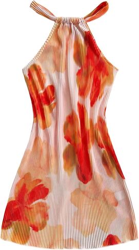 فستان نسائي من Floerns بطبعة زهور مع رسن بدون أكمام وطيات بوهو فساتين قصيرة in Kuwait