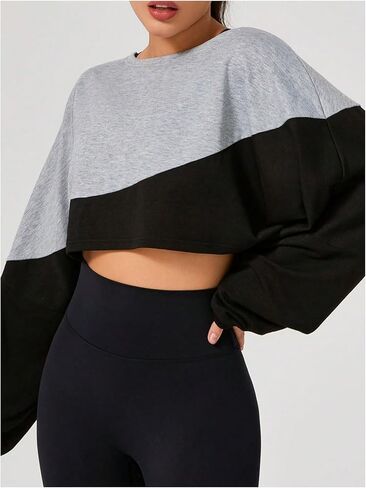 SweatyRocks Women's Color Block Wide Long Sleeve Sweatshirts Casual Crew Neck Loose Crop Pullover Tops in Saudi Arabia