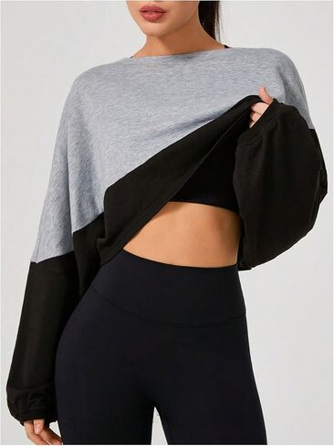 SweatyRocks Women's Color Block Wide Long Sleeve Sweatshirts Casual Crew Neck Loose Crop Pullover Tops in Saudi Arabia