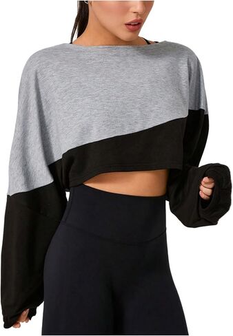 SweatyRocks Women's Color Block Wide Long Sleeve Sweatshirts Casual Crew Neck Loose Crop Pullover Tops in Saudi Arabia