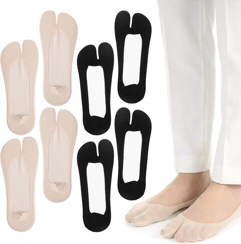Tabi Socks for Women, 4 Pairs Ice Silk No Show Flip Flop Socks, 2 Black+2 Flesh Color Japan Split Toe Non Slip Low Cut Sock With Anti-Slip Rubber Strips for Loafers Sandals Sneaker in Kuwait