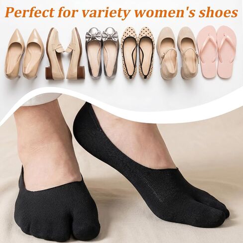 Tabi Socks for Women, 4 Pairs Ice Silk No Show Flip Flop Socks, 2 Black+2 Flesh Color Japan Split Toe Non Slip Low Cut Sock With Anti-Slip Rubber Strips for Loafers Sandals Sneaker in Kuwait