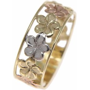 Arthur's Jewelry 14K solid tricolor yellow white rose gold Hawaiian plumeria flower lei ring 6.5mm size 4 to 10 in Kuwait