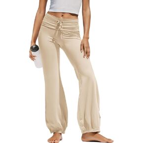 Yanekop Womens Wide Leg Leggings Flare Yoga Pants High Waisted Fold Over Leggings Drawstring Workout Gym Athletic Pants in Kuwait