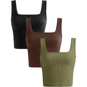 KIKIMINK Womens Crop Tank Tops 3 Pack Seamless Ribbed Sleeveless Square Neck Workout Yoga Gym Shirts Fitted Basic Camisole in Saudi Arabia