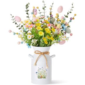 Yinder 7 Pcs Easter Artificial Flower Centerpiece Decoration with Vase, Daisy Bouquet Faux Egg Berry Pick, Spring Floral Arrangement for Party Home(Green,Easter) in Saudi Arabia