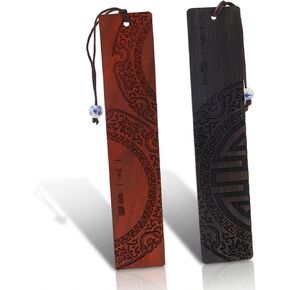 2 Pcs Vintage Wood Bookmark for Men, Hand-Carved Wooden Bookmarks with Traditional Patterns, 1.18 x 6.3 Inch Natural Wood Book Marks for Readers & Book Lovers (Black & Wooden) in Kuwait