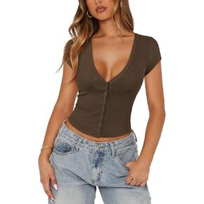 Women's Ribbed Button Down Shirt Cap Sleeve Tops for Women Button Up Knit Slim Fit Casual Y2K Crop Going Out Top in Kuwait