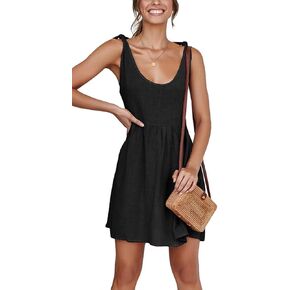 CNJFJ Womens Summer Shoulder Tie Strap Babydoll Dress Casual Scoop Neck A-Line Skater Swing Mini Sundress in Kuwait
