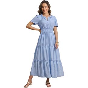 فساتين طويلة كاجوال للنساء من Rainday، فستان بوهو للشاطئ بأكمام قصيرة وخصر مطاطي مع جيوب in Kuwait