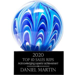 Personalized 5" Two Tone Blue and White Sphere Art Glass Award, Custom Engraved Colorful Decorative Award Statue for Employee Appreciation, Recognition, Retirement in Kuwait