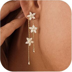 أقراط متدلية على شكل زهرة للنساء أقراط عصرية مطلية بالذهب عيار 14 قيراط على شكل زهرة أقراط زفاف لحفلات الزفاف مكعب زركونيا سلسلة طويلة حلق مجوهرات ذهبية هدايا لها in Kuwait