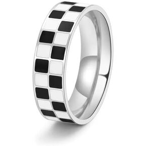Elegant Checkerboard Chess Ring, Stainless Steel, Black and White Enamel Checkered Pattern in Kuwait