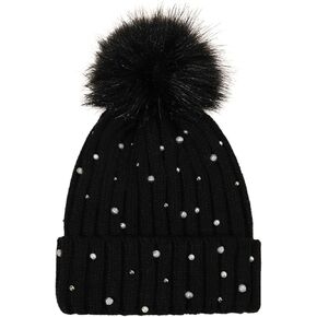 Women's Sparkly Rhinestone Hat Fleece Lining Winter Knitted Beanie with Pom Pom in Kuwait