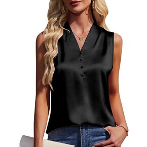 المرأة الحرير الساتان أنيق تانك القمم الخامس الرقبة بلا أكمام البلوزات الصيف الأعمال قمصان عادية in Kuwait