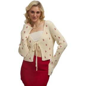 Cotton Purple Floral V-Neck Tie-Up Long Sleeve Regular Sweater Cardigan for Women in Saudi Arabia
