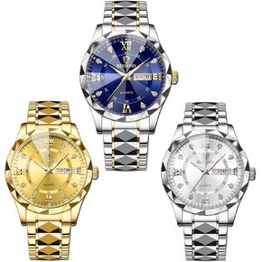 مجموعة من 3 ساعات رجالية من الفولاذ المقاوم للصدأ فستان عمل كاجوال تناظري كوارتز مقاوم للماء وتاريخ مضيء ساعة كرونوغراف فاخرة من الألماس للرجال in Kuwait