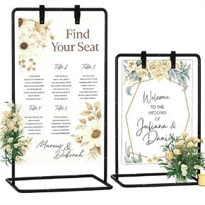 2PCS Welcome Sign Stand, Adjustable Sign Holder Stand w/ Poster Design Templates & Leather Straps, Heavy Duty Metal Easel for Wedding, Bridal Shower Baby, Birthday Party, 68" x 30" x 20" in Kuwait