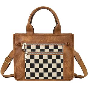 PCBAG Women's Checkered Crossbody Bag Vintage Black and White Faux Leather Tote Handbags Purse Adjustable Strap Casual Shoulder Bag for Work Travel in Kuwait