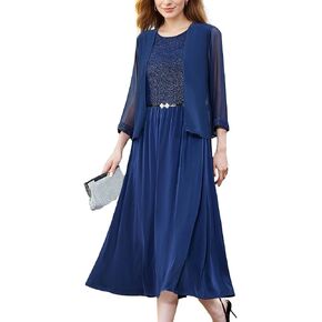 Formal Dress,Wedding Guest Dresses Mother of The Bride Dresses,Two Piece Formal Sequin Dress with Jacket Tea Length in Kuwait
